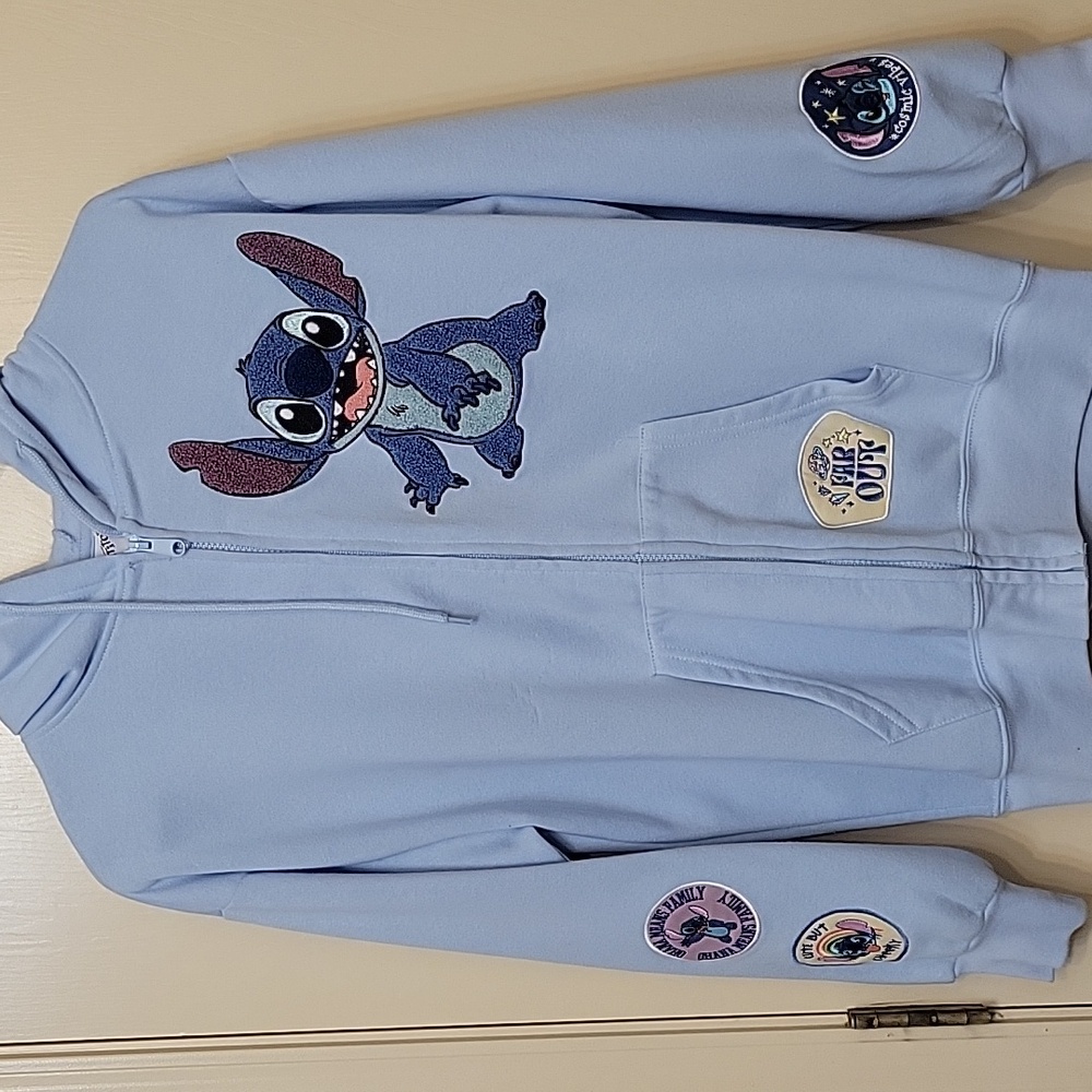 Disney Womens Light Blue Hoodie with Stitch Patches